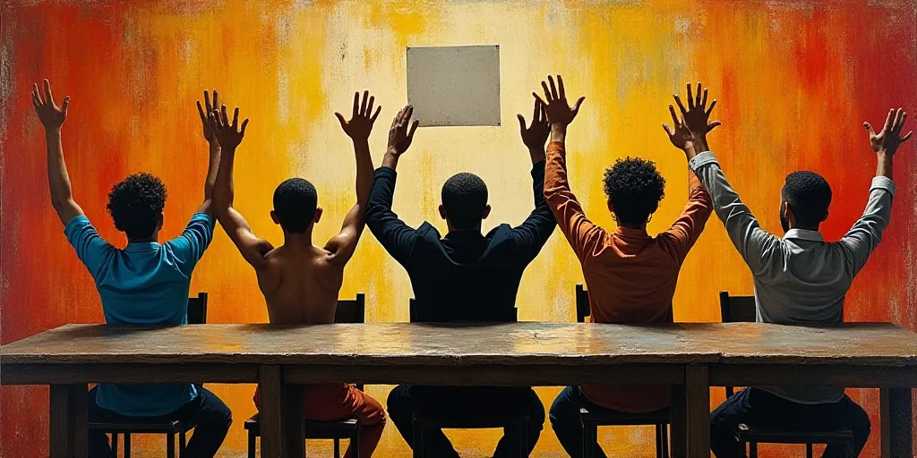 a group of people sitting at a table with their hands up in the air in front of them and a sign in t