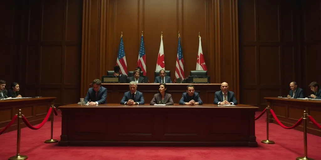 a group of people sitting at a table in a courtroom with a red carpet and rope barriers around them,