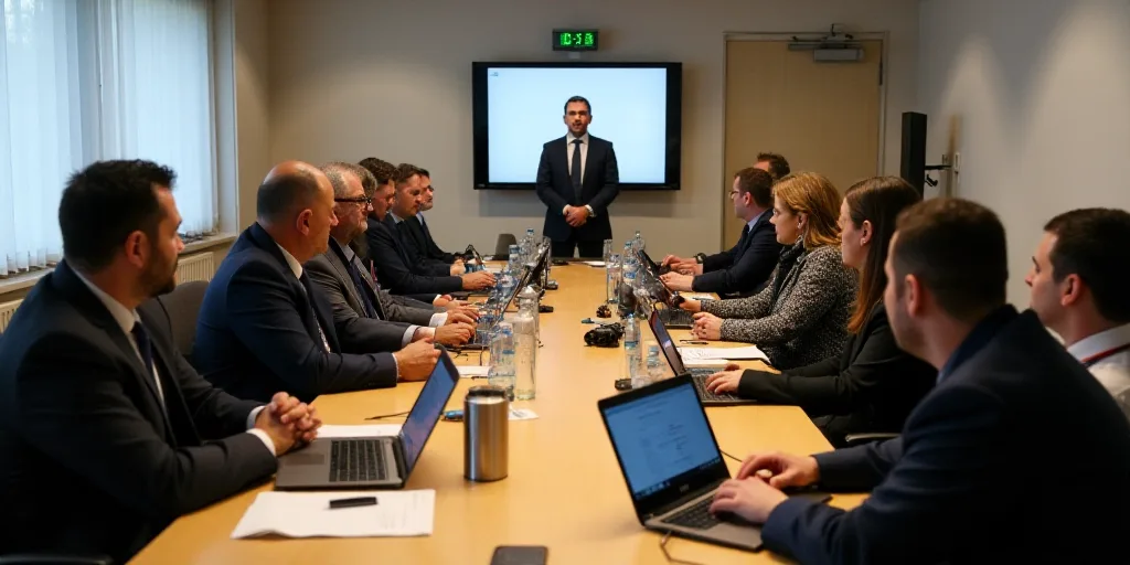 a group of people sitting at a table with laptops and cameras around them and a man standing at the