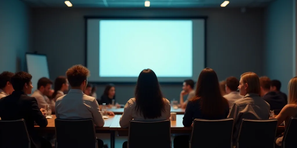 a group of people sitting at a table with a projector screen in the background and a sign in the bac
