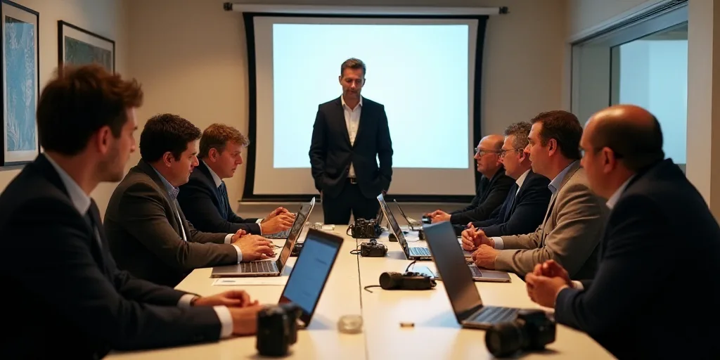 a group of people sitting at a table with laptops and cameras around them and a man standing at the