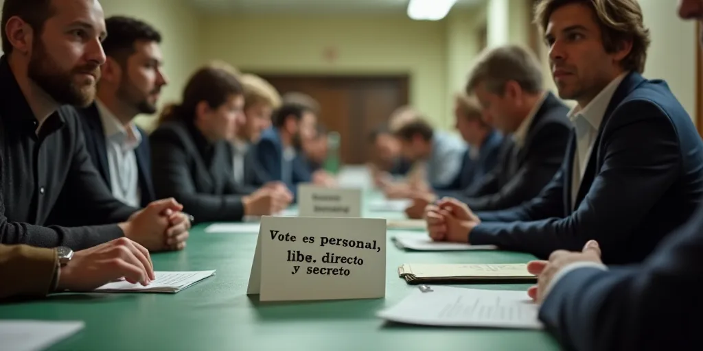 a group of people sitting at a table with a sign on it that says vote es personal, libre, directo y