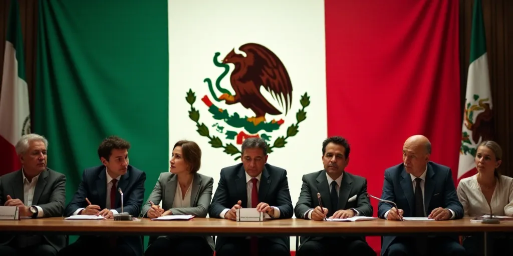 a group of people sitting at a table with flags behind them and a mexican flag hanging over them wit