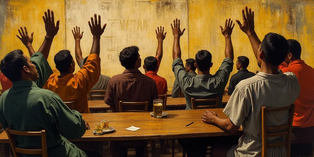 a group of people sitting at a table with their hands up in the air in front of them and a sign in t