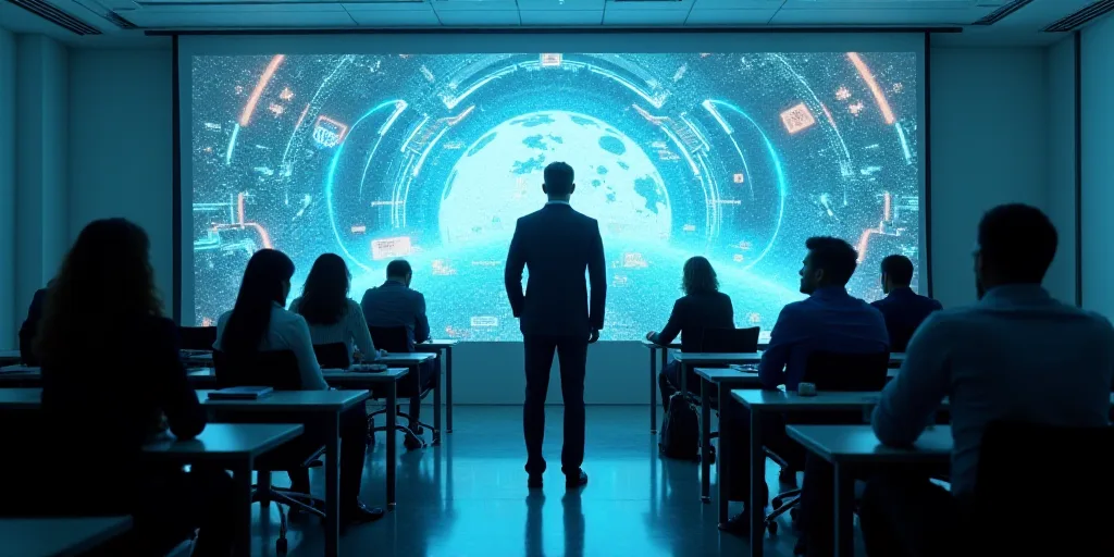 a group of people sitting at desks in front of a screen with a large screen behind them and a man st