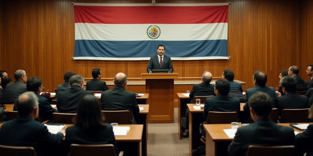 a group of people sitting at tables in a room with a banner on the wall behind them and a speaker at