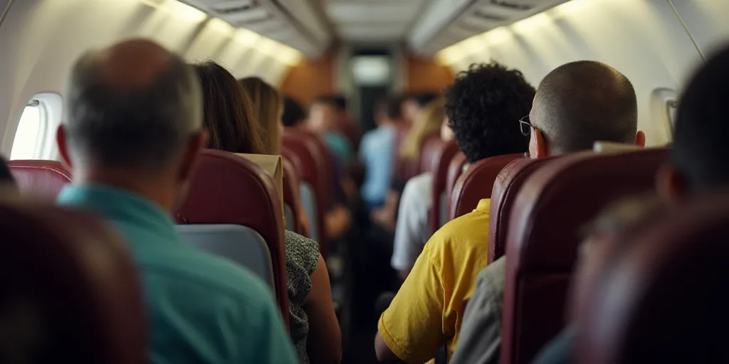 a group of people sitting in a plane with a sign in front of them that says, no signal in spanish, B