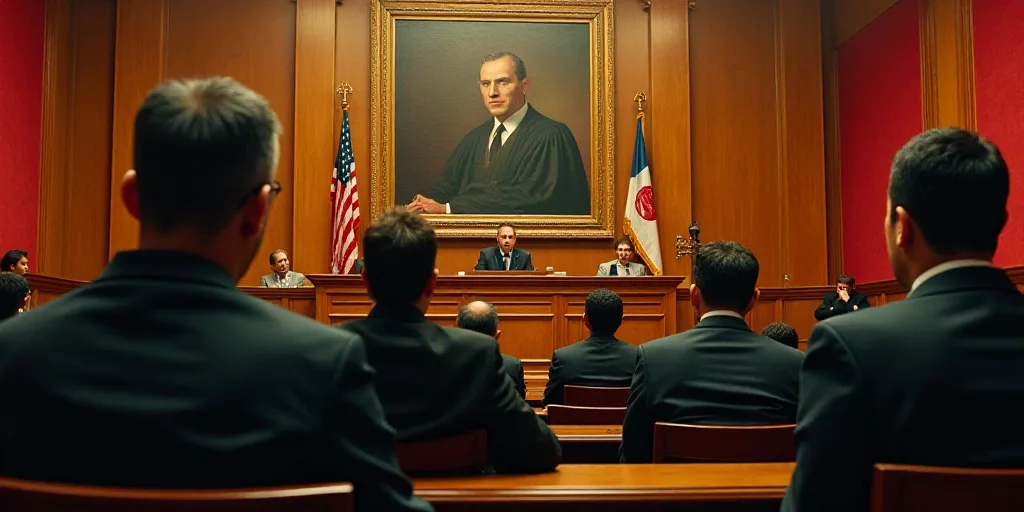 a group of people sitting in a courtroom with a judge and a judge in the background and a painting o