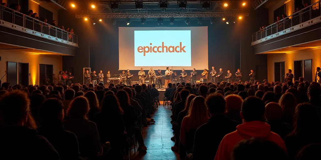 a group of people sitting in chairs in a room with a crowd of people standing around them and a stag
