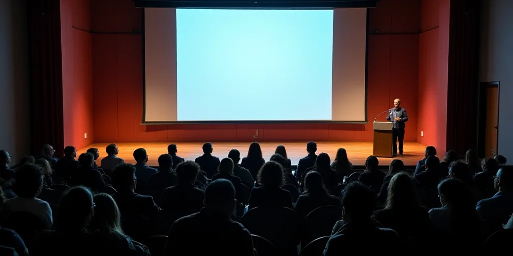 a group of people sitting in front of a screen on a stage with a projector screen behind them, Estua