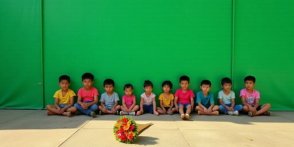 a group of people sitting in front of a green wall with a green banner behind them and a small cone