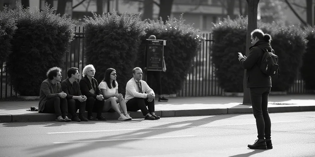 a group of people sitting on a curb next to a sidewalk with a fence and bushes behind them and a per