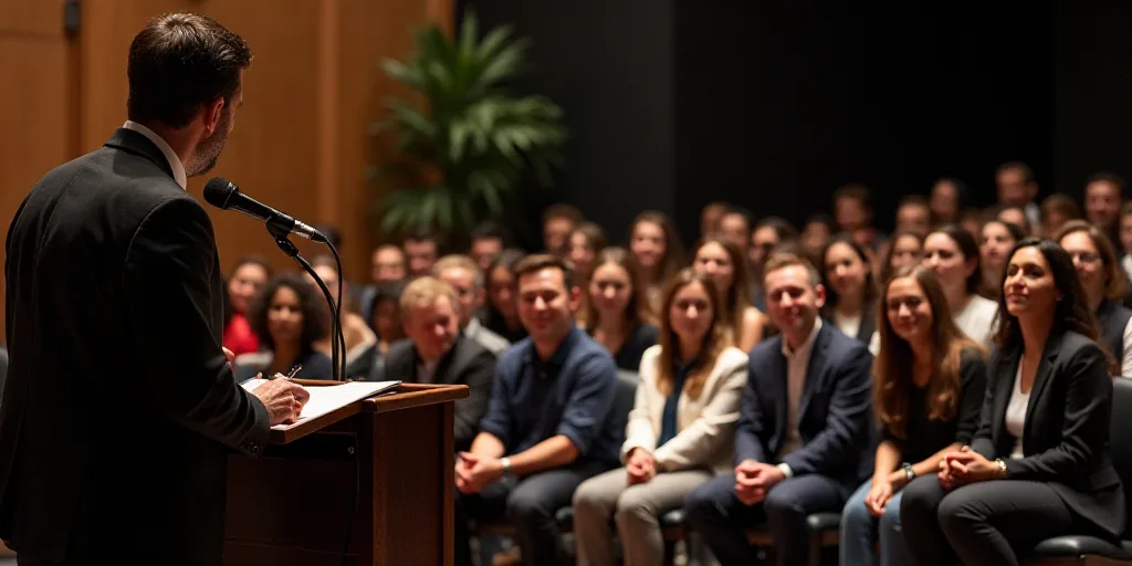 a group of people sitting on a stage with a microphone in front of them and a speaker at the front o