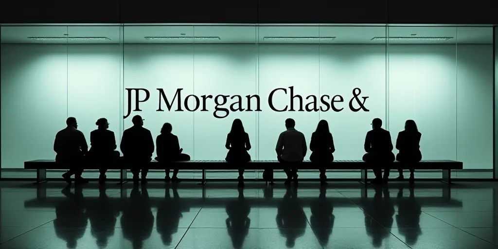 a group of people sitting on benches in front of a glass window with the words jp morgan chase & co,
