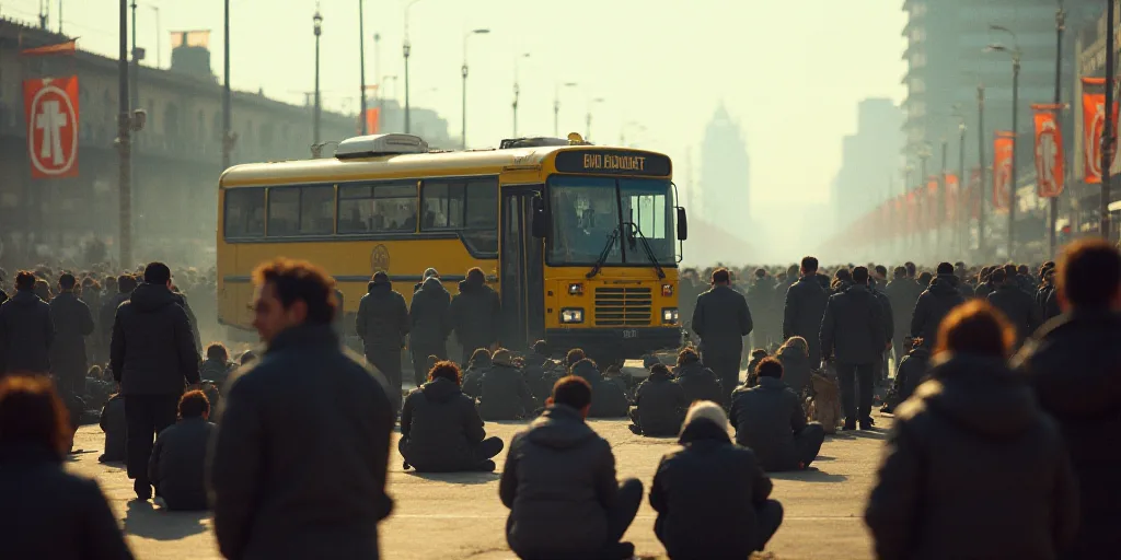 a group of people sitting on the ground in front of a bus and a crowd of people standing around, Ami