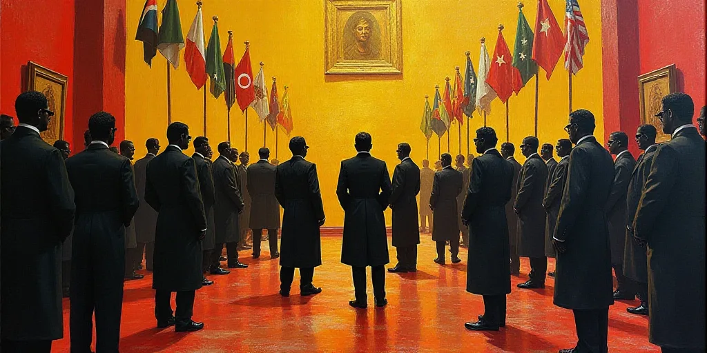 a group of people standing around each other in a room with flags and plaques on the wall behind the