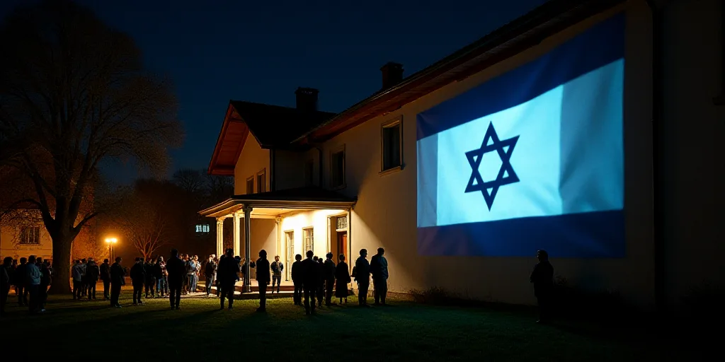 a group of people standing around a building with flags on it's side and a flag projected on the wal