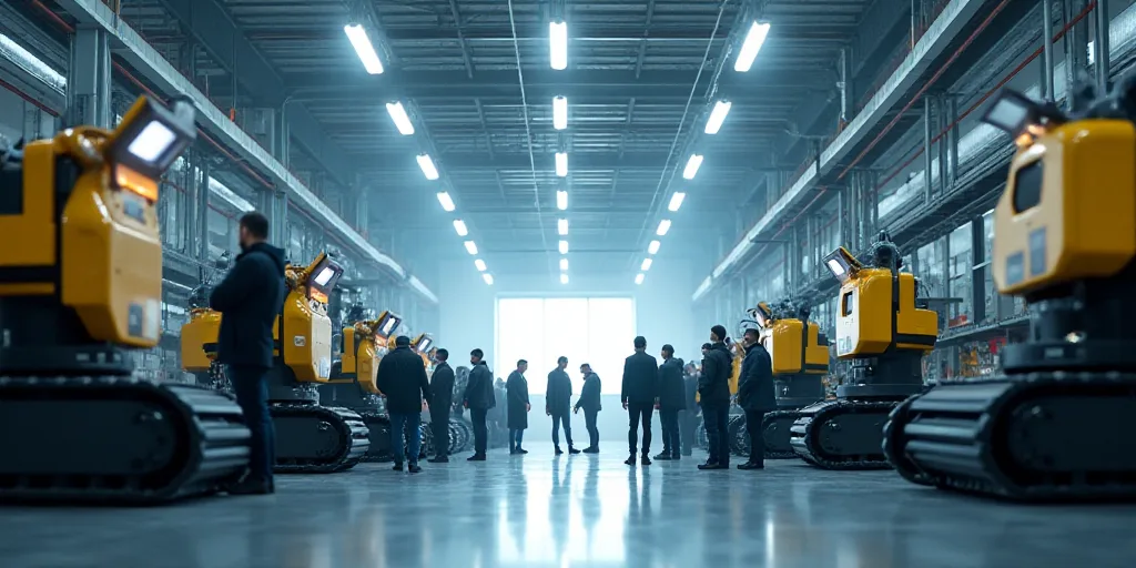 a group of people standing around a factory floor with machines on it's sides and people standing ar