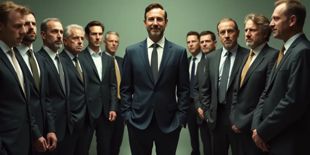 a group of people standing around each other in suits and ties and one man in a suit and tie, Anne R