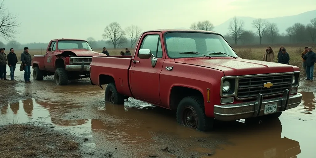 a group of people standing around a red truck in the mud and water with people standing around it an