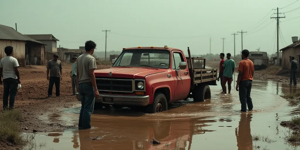 a group of people standing around a red truck in the mud and water with people standing around it an