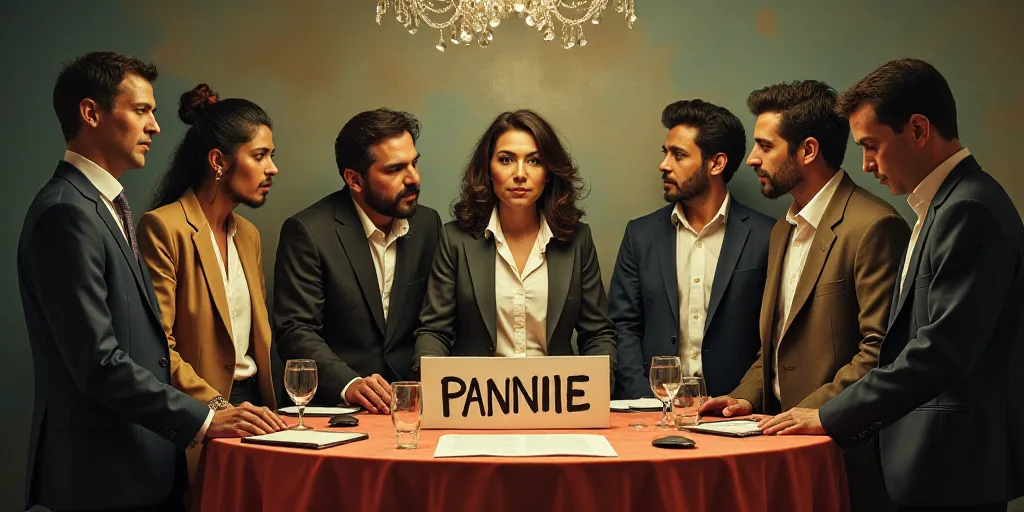 a group of people standing around a table with a sign on it that says pannonie on it, Carlos Francis