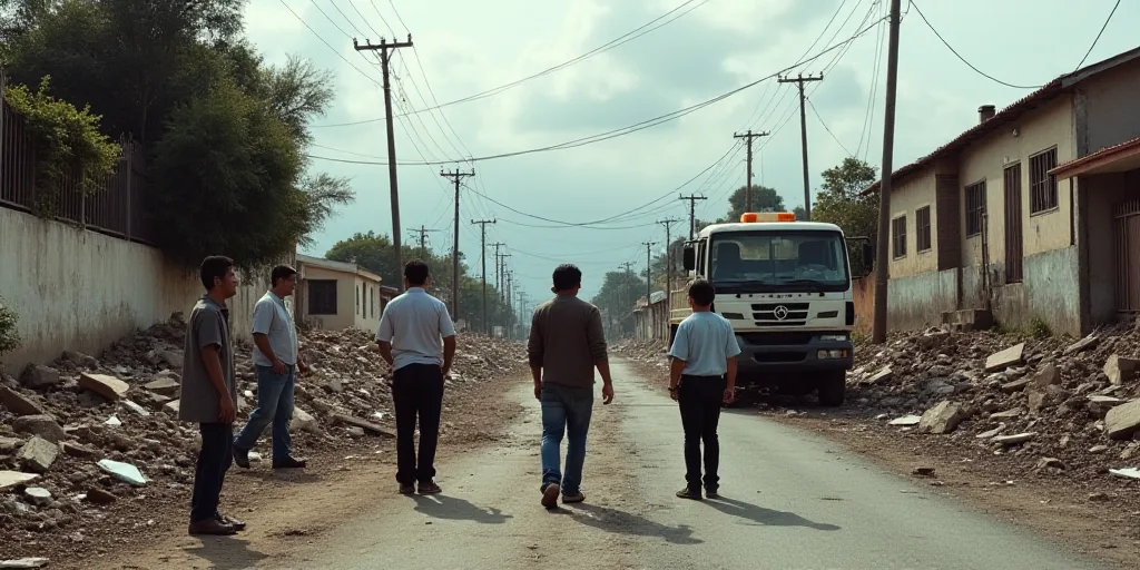 a group of people standing around a pile of rubble on a road with a truck in the background and a bu