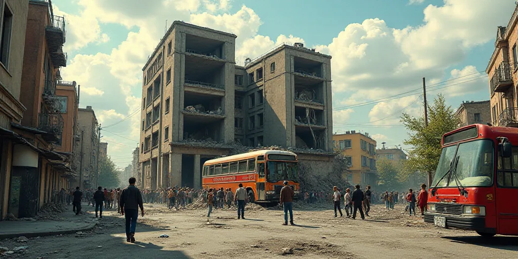 a group of people standing around a destroyed building with a truck in the middle of it and a bus in