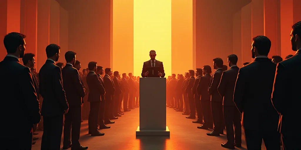 a group of people standing around a podium with a man standing at the front of the room holding a pl