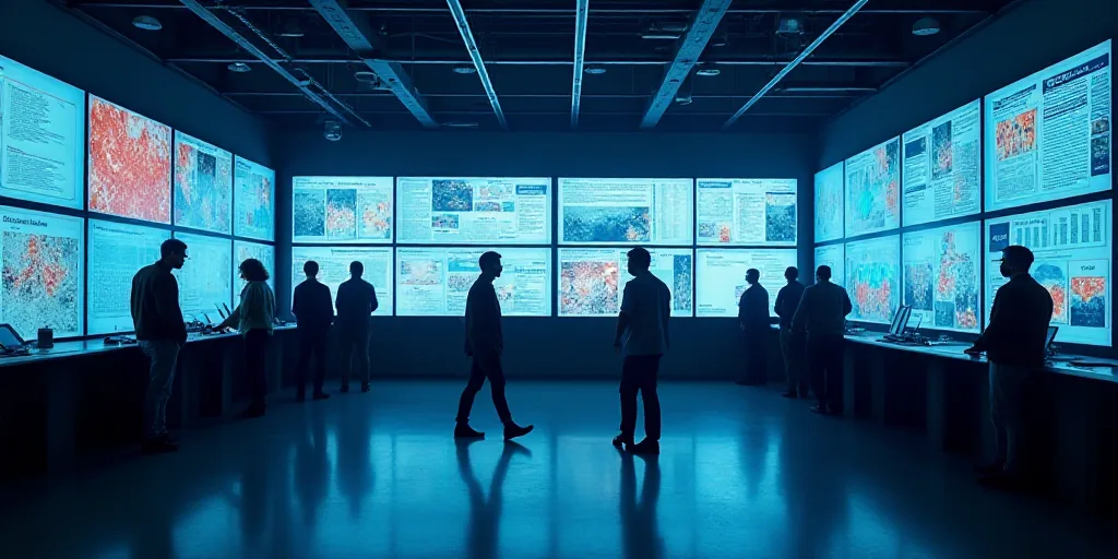 a group of people standing around a counter with lots of monitors on it's walls and a man walking by