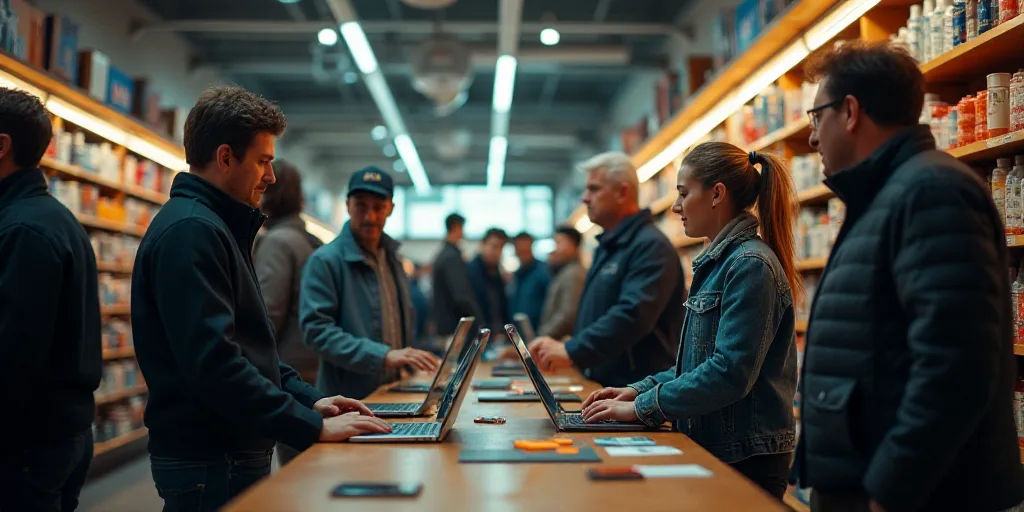 a group of people standing around a store with laptops and phones on a table with a flag on it, Doug