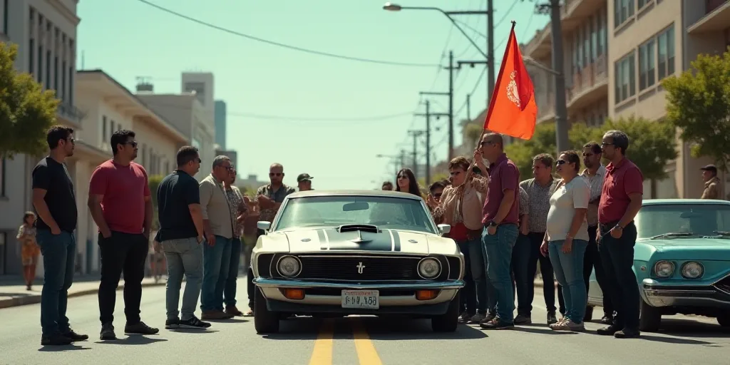 a group of people standing around a car in a street with a sign on it's side and a car with a flag o