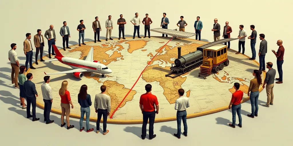a group of people standing around a map with a plane and a train on it, and a man in a red shirt, An