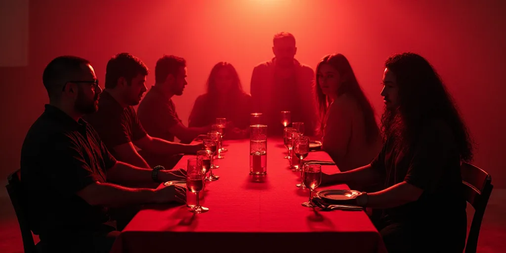 a group of people standing around a table with a red table cloth on it and a red table cloth on the