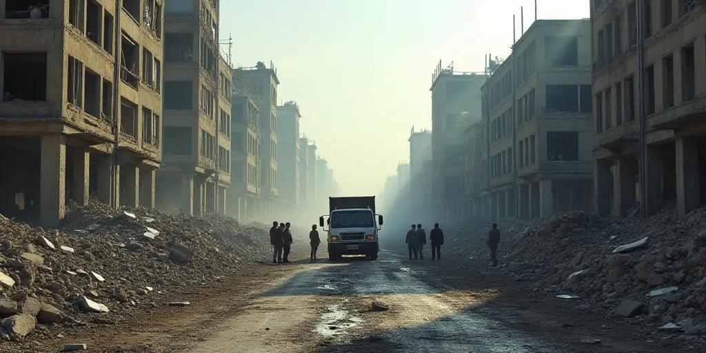 a group of people standing around a destroyed building and a truck in the middle of a street with a
