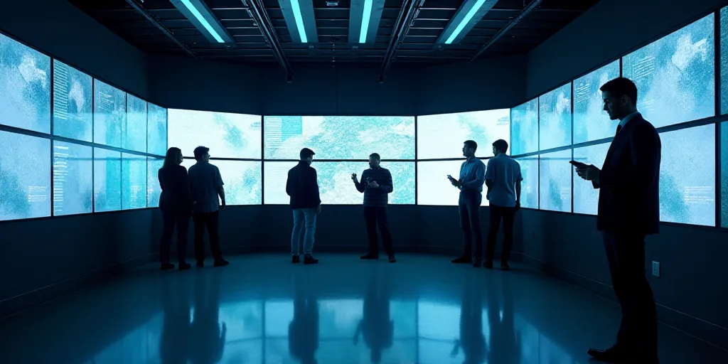 a group of people standing around a counter with lots of monitors on it's walls and a man walking by