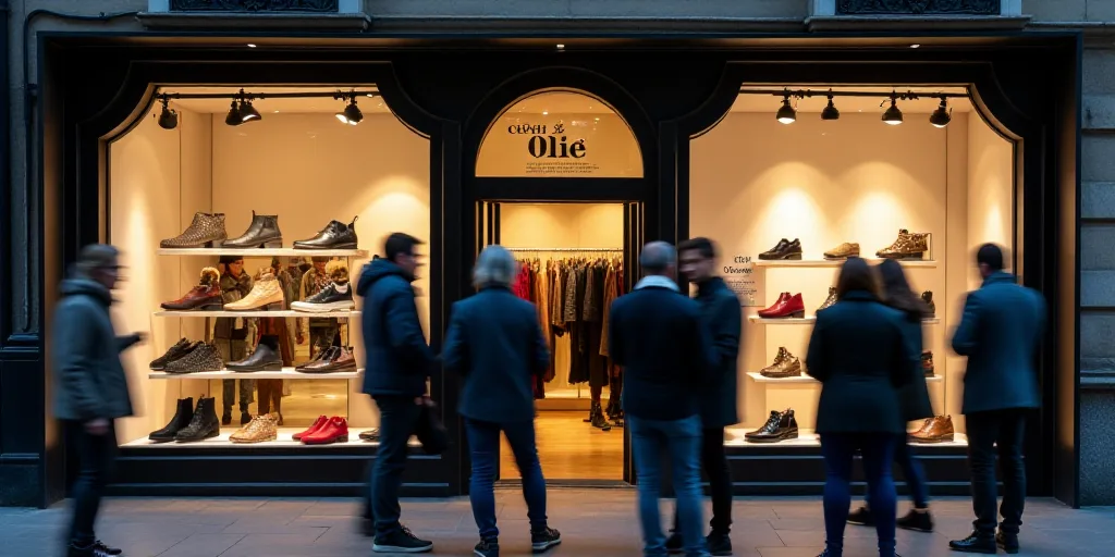 a group of people standing around a store with shoes on display in it's windows and a sign that says