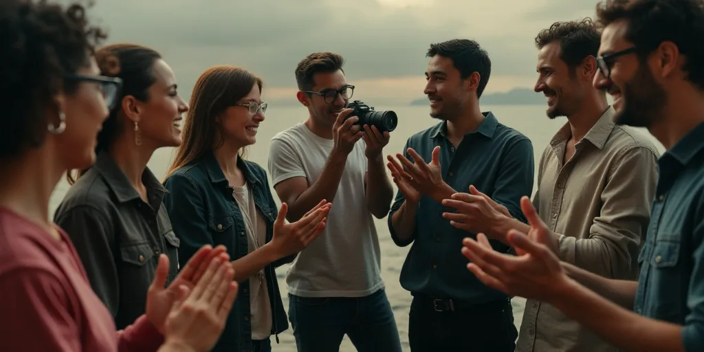 a group of people standing around each other clapping hands and smiling at each other with a camera