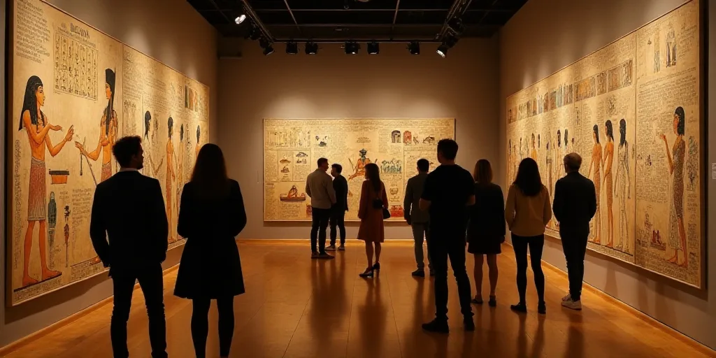 a group of people standing around a museum looking at art on display on a wall and a wooden floor, C