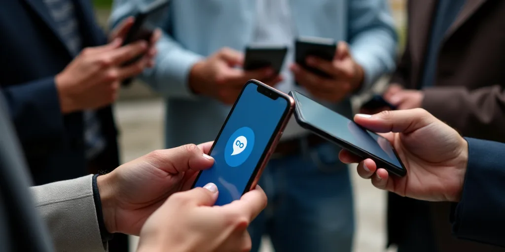 a group of people standing around each other holding cell phones and looking at their phones with th