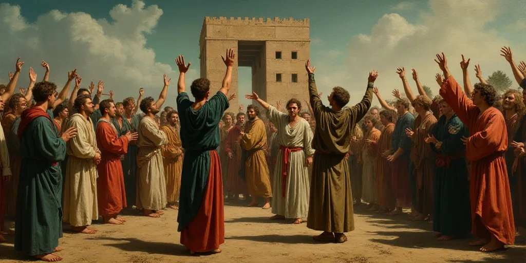 a group of people standing around each other with their hands up in the air and a building being bui