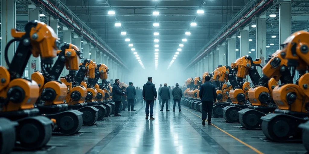 a group of people standing around a factory floor with machines on it's sides and people standing ar