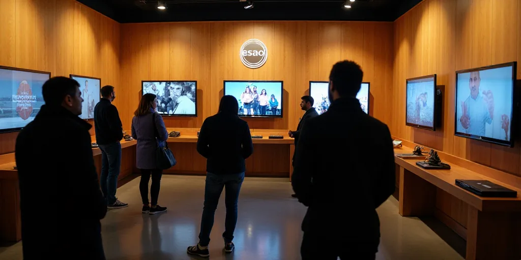 a group of people standing around a display of different types of televisions and monitors on wooden