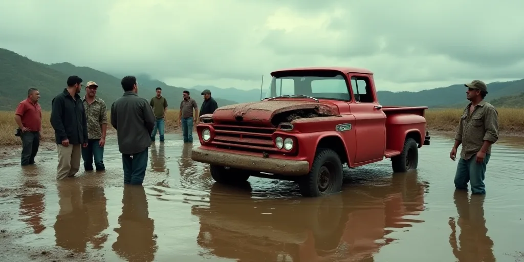 a group of people standing around a red truck in the mud and water with people standing around it an