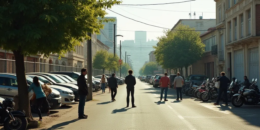 a group of people standing around a parking lot next to parked cars and motorcycles on a city street