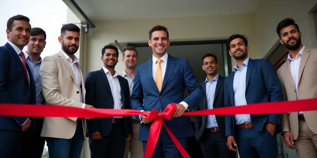 a group of people standing in front of a building with a ribbon cutting ceremony in front of them wi