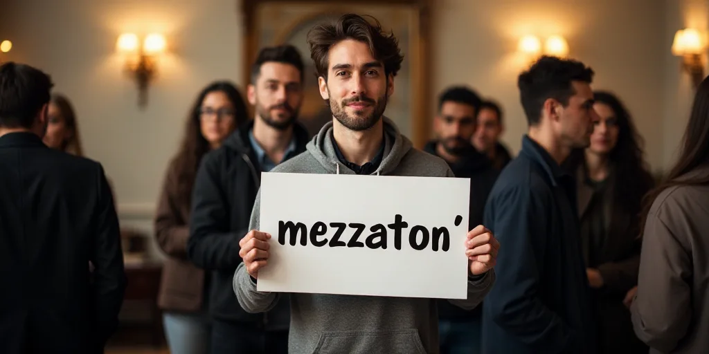 a group of people standing in a room holding a sign that says'mezzaton'on it, Antonie Palamedesz, il