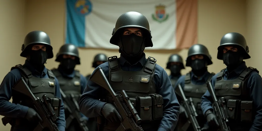 a group of people standing in a room with guns and helmets on their heads and a banner in the backgr