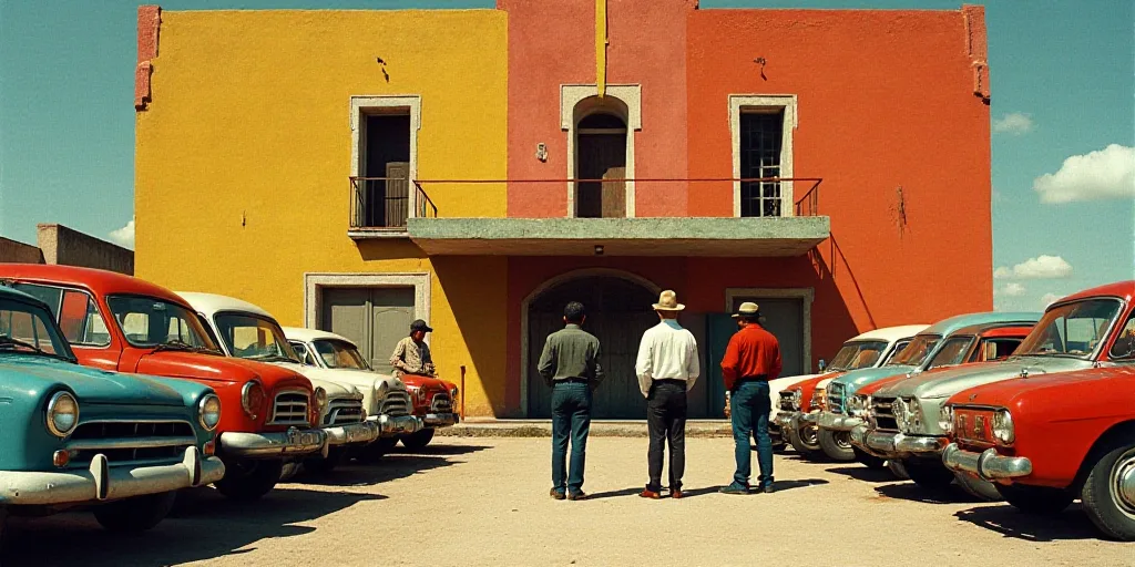 a group of people standing in front of a building with cars parked in front of it and people walking