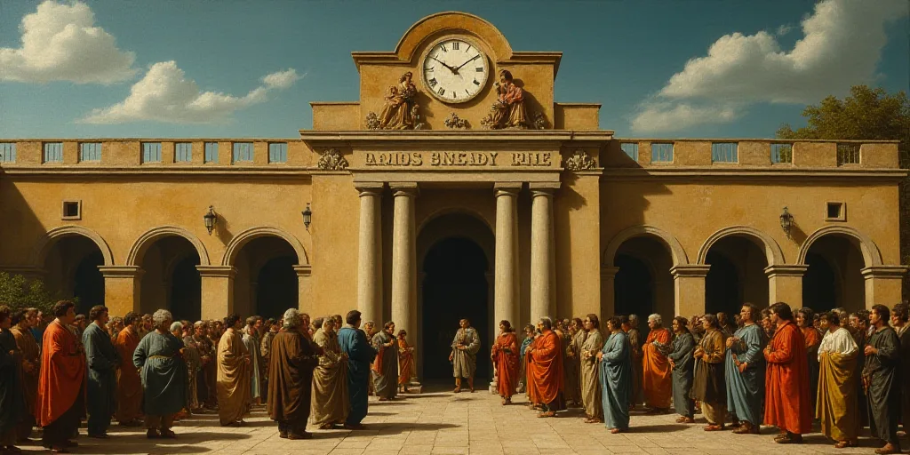 a group of people standing in front of a building with a sign above them that says abcd and a clock